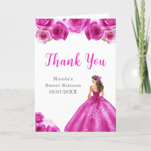 Cartão De Agradecimento Princesa no Vestido Rosa Quente Doce Dezesseis Obr