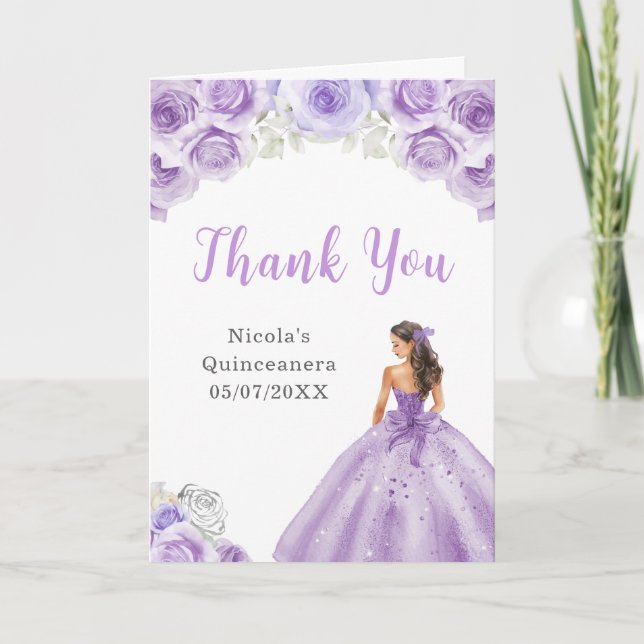 Cartão De Agradecimento Princesa no Vestido Roxo Quinceanera Obrigado (Frente)