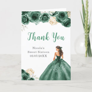 Cartão De Agradecimento Princesa no Vestido Verde Escuro Doce 16 Obrigado