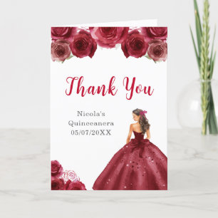 Cartão De Agradecimento Princesa no vestido vermelho Quinceanera Obrigado