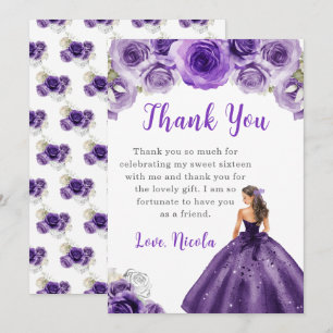 Cartão De Agradecimento Princesa num vestido roxo escuro Doce 16 Obrigado