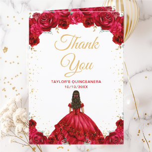 Cartão De Agradecimento Princesa Vermelha Floral Quinceañera