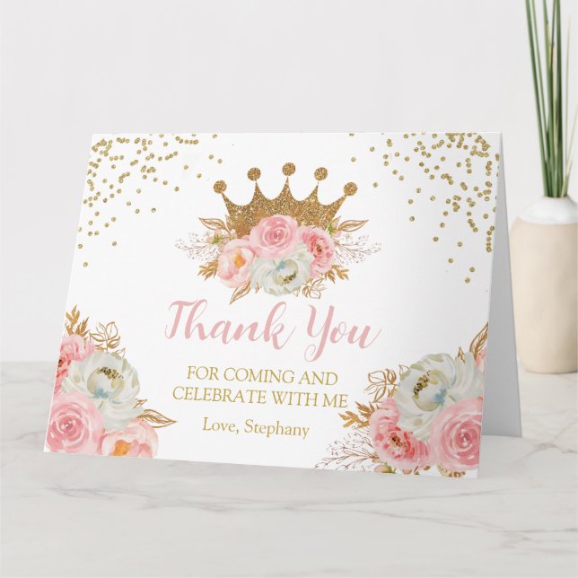 Cartão De Agradecimento Princess Floral Pink & Gold  Thank you card (Frente)