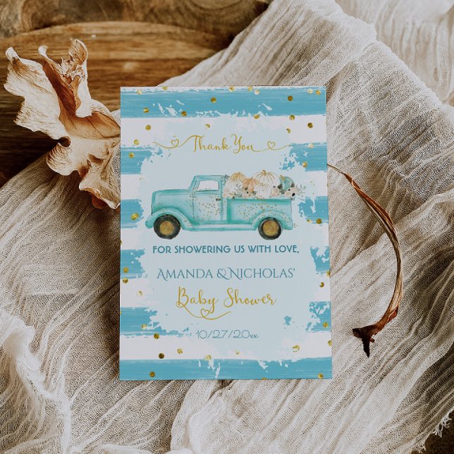 Cartão De Agradecimento Pumpkin Blue Dourado outono Chá de fraldas (Criador carregado)