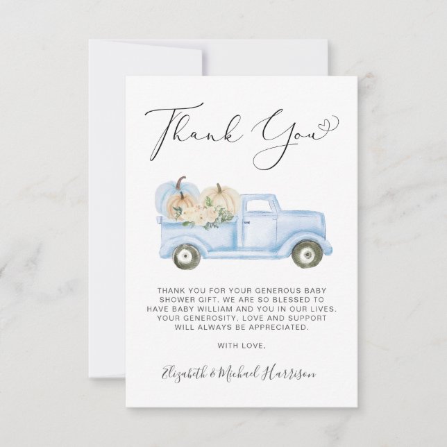 Cartão De Agradecimento Pumpkin Blue Truck Baby Boy Shower Thank You Card (Frente)