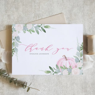 Cartão De Agradecimento Pumpkin rosa com aquarelas e Casamento outono verd