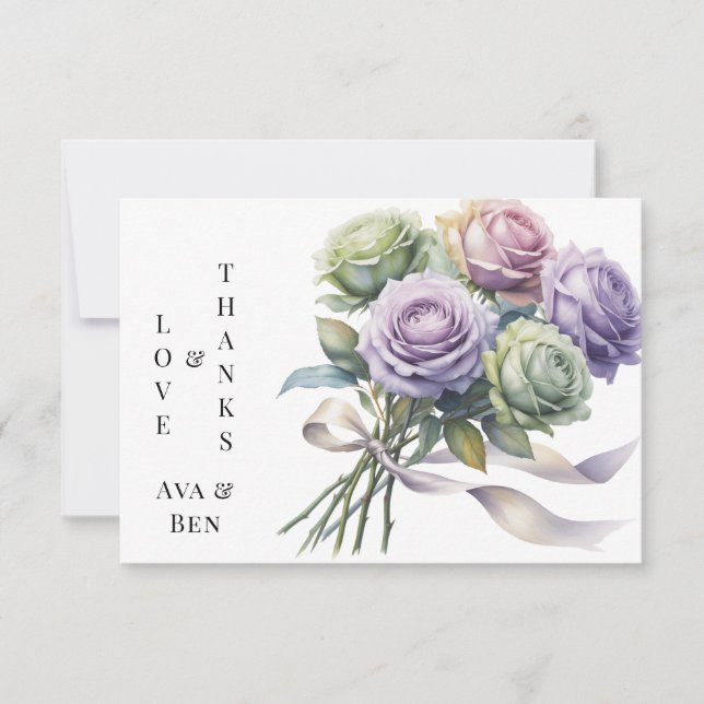 Cartão De Agradecimento Purple and Sage Green Roses Love and Thanks (Frente)