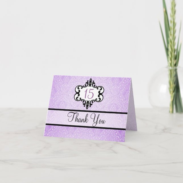 Cartão de agradecimento Purple & Black Chic Damask (Frente)