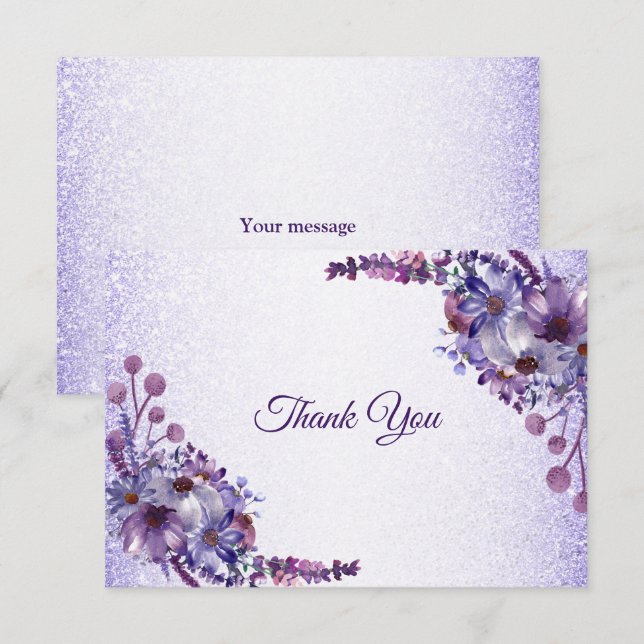Cartão De Agradecimento Purple Blue Pink Floral Glitter Elegant Wedding (Frente/Verso)