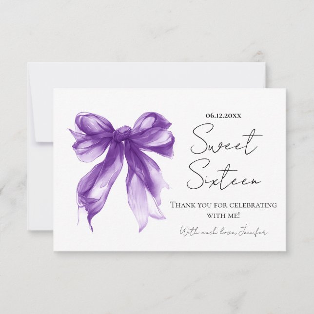 Cartão De Agradecimento Purple Bow Coquette Script Sweet 16 Thank You  (Frente)
