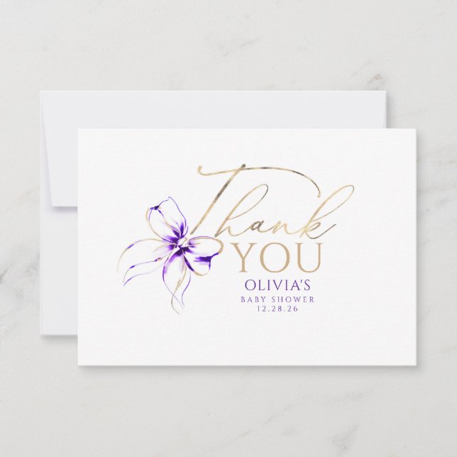 Cartão De Agradecimento Purple Bow Elegant Calligraphy Thank You (Frente)