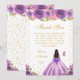 Cartão De Agradecimento Purple Floral Dark Skin Princess Sweet Sixteen