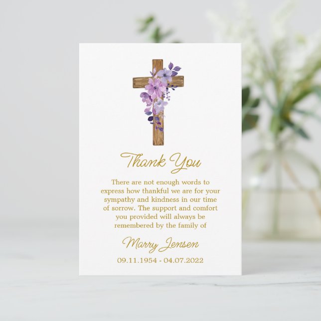 Cartão De Agradecimento Purple flower Cross Sympathy Thank You Card (Em pé/Frente)