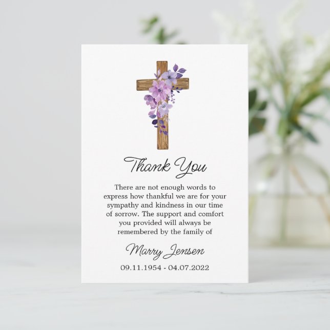 Cartão De Agradecimento Purple flower Cross Sympathy Thank You Card (Em pé/Frente)