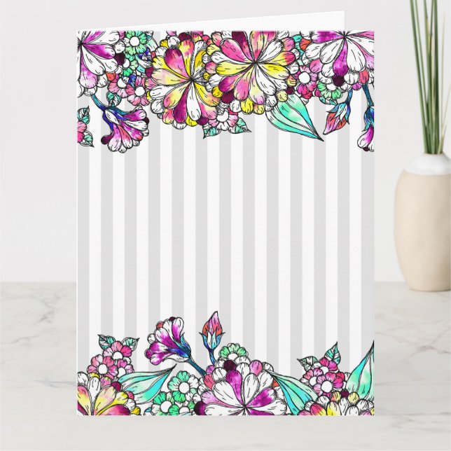 Cartão De Agradecimento Purple flowers and grey stripes (Frente)