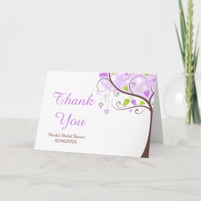 Cartão De Agradecimento Purple & Green Floral Bird Bridal Shower Thank You (Frente)