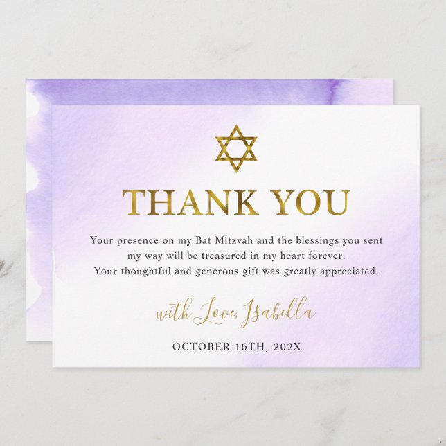 Cartão De Agradecimento Púrpura Dourada Púrpura da Aquarela Mitzvah (Frente/Verso)