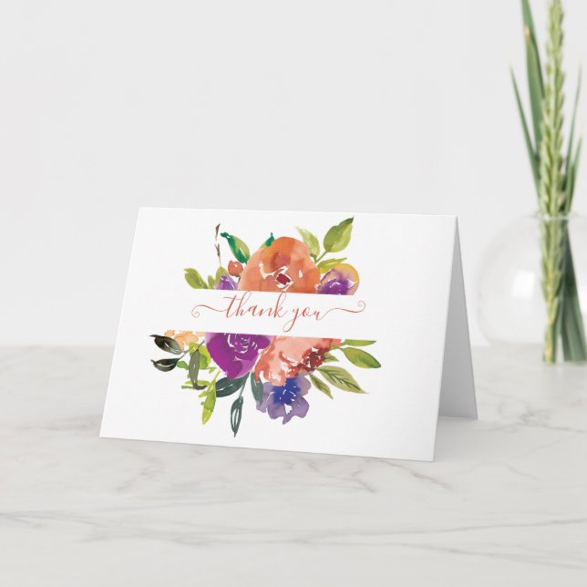 Cartão De Agradecimento Púrpura e laranja aquarela floral personalizada (Frente)