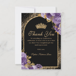 Cartão De Agradecimento Púrpura Negra Pasta Dourada Glitter Quinceanera Fl