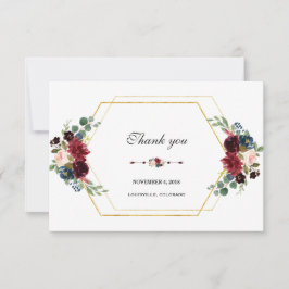 Cartão De Agradecimento Quadro de Hexágono Dourado Floral Burgundy
