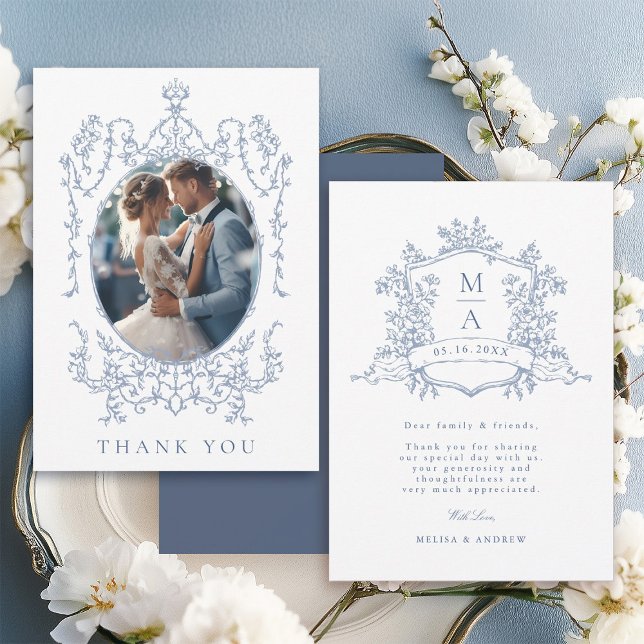 Cartão De Agradecimento Quadro Floral Clássico Azul Empoeirado para Foto d (Front & Back)