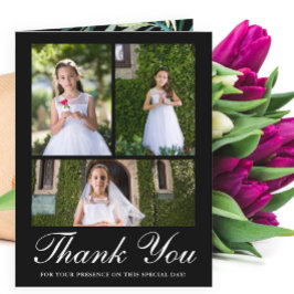 Cartão De Agradecimento Quatro Fotografias Greenery First Communion Black