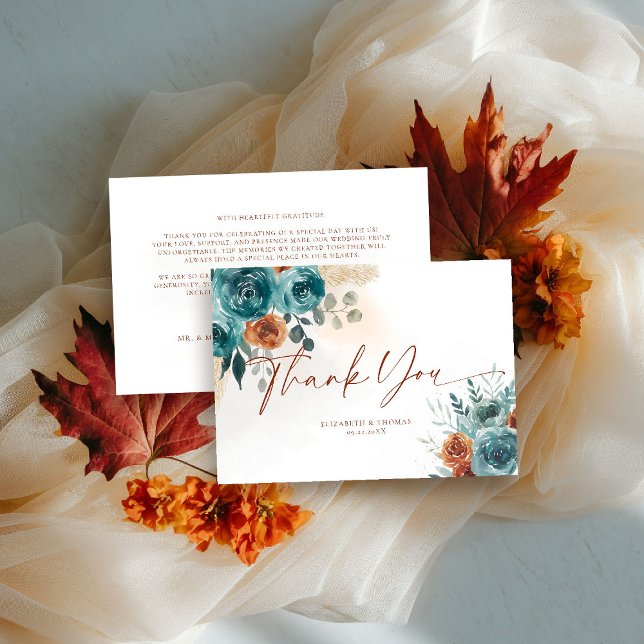 Cartão De Agradecimento Queda Rosas de laranja queimados em pó Aquarela (fall wedding shower baby thank you teal burnt orange terracotta watercolor floral botanical earthy)