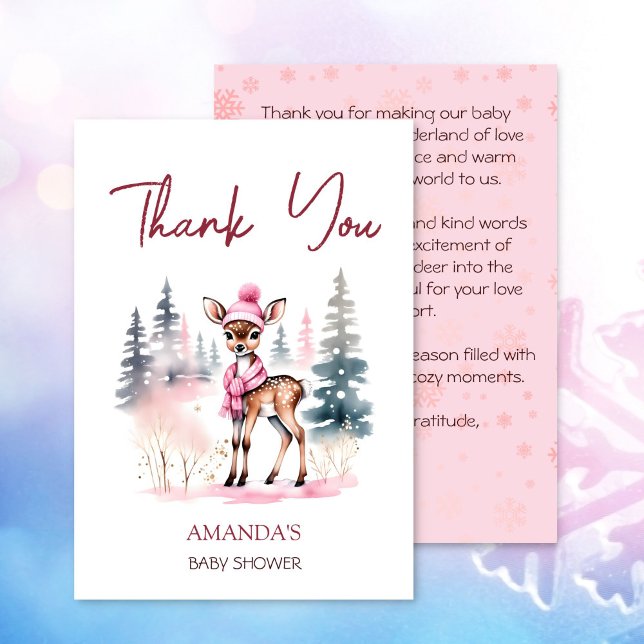 Cartão De Agradecimento Querida, está frio lá fora, chá de fraldas de vead (Baby it's cold outside girl baby deer baby shower thank you card cute girl deer in winter hat scarf)