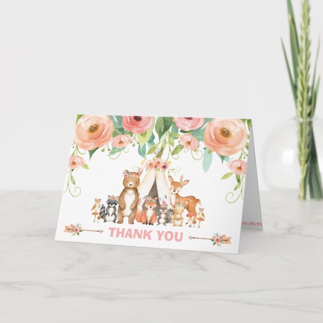 Cartão De Agradecimento Quic Tribal Woodland Animais Chá de fraldas Aniver (Frente)