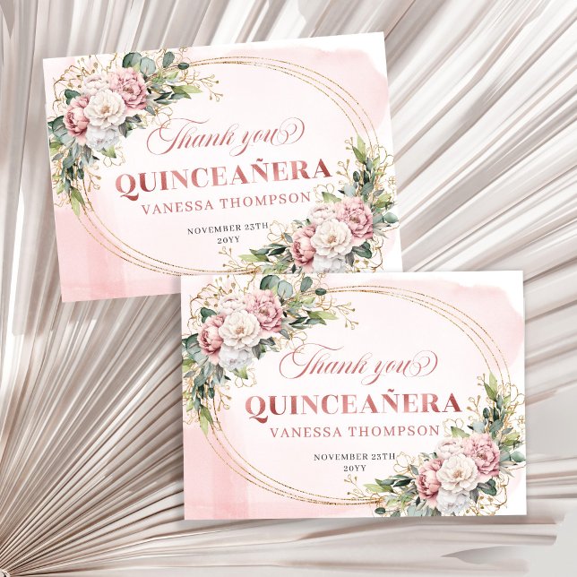 Cartão de Agradecimento Quince Blush Pink Boho Ros (Blush Pink Boho Rose Gold Floral Quince Favor Thank You)