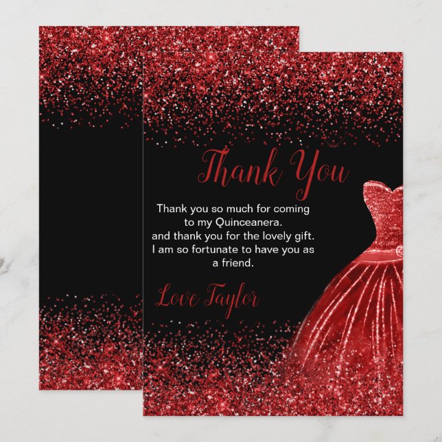 Cartão De Agradecimento Quinceanera Bright Red Dress Faux Glitter (Frente/Verso)
