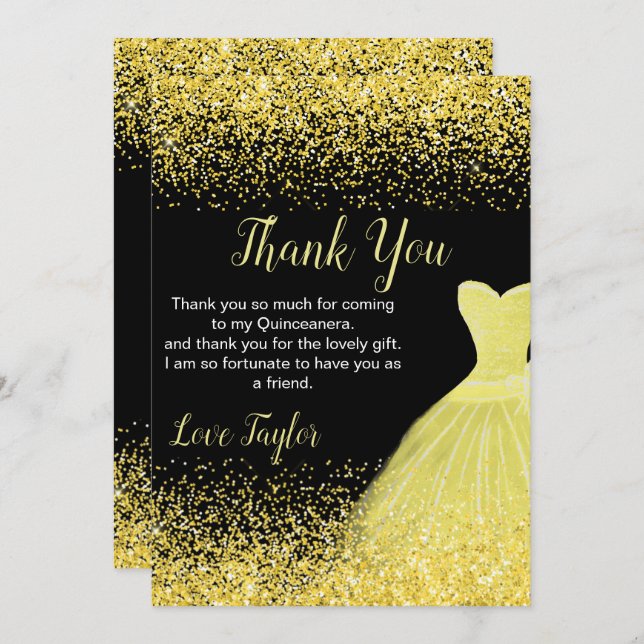 Cartão De Agradecimento Quinceanera Bright Yellow Dress Faux Glitter (Frente/Verso)