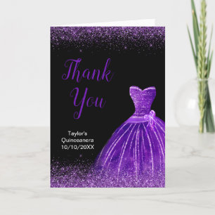 Cartão De Agradecimento Quinceanera Dark Purple Dress Faux Glitter