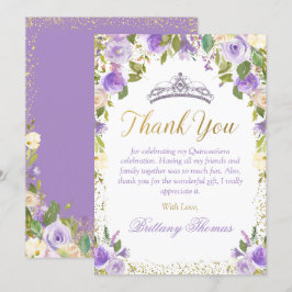 Cartão De Agradecimento Quinceanera Dourada Floral Roxo Elegante