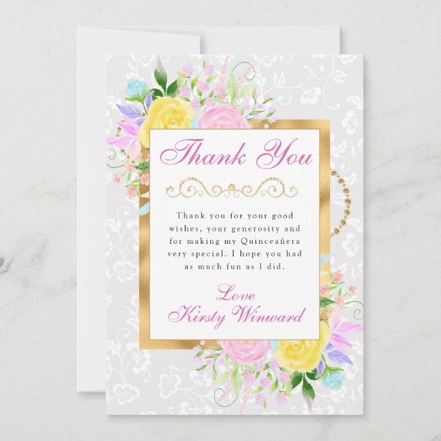 Cartão De Agradecimento Quinceanera Dourada Flores Rosa, Amarelo e Azul (Frente)
