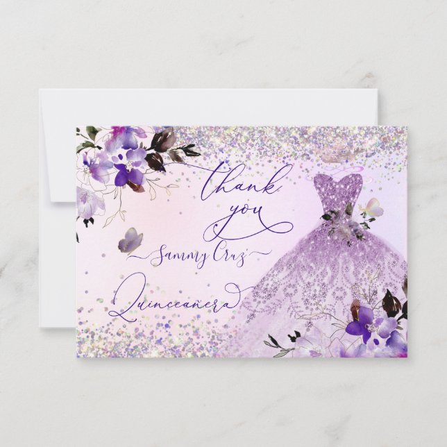 Cartão De Agradecimento Quinceanera Dusty Lilac Purple Silver Glitter (Frente)