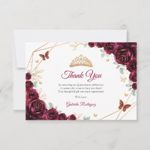 Cartão De Agradecimento Quinceanera Floral Burgundy Dourada