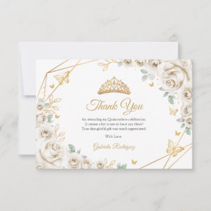 Cartão De Agradecimento Quinceanera Floral Creme de Marfim Dourado