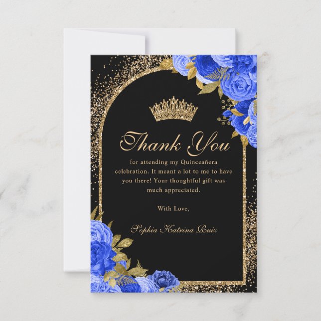 Cartão De Agradecimento Quinceanera Floral Dourada Real Azul Negro (Frente)