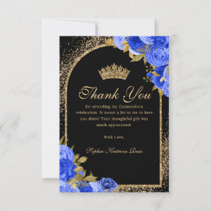 Cartão De Agradecimento Quinceanera Floral Dourada Real Azul Negro
