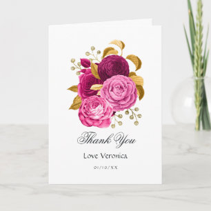Cartão De Agradecimento Quinceañera Floral Dourada, rosa-quente
