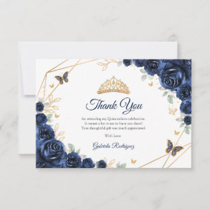 Cartão De Agradecimento Quinceanera Floral Dourado Azul-Marinho