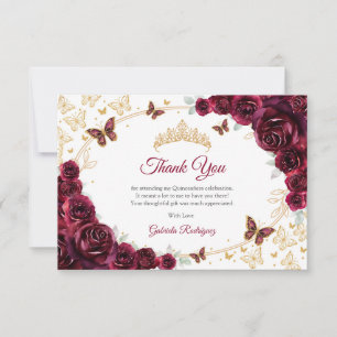 Cartão De Agradecimento Quinceanera Floral Dourado Borgonha