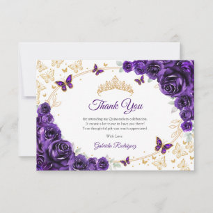 Cartão De Agradecimento Quinceanera Floral Dourado Roxo