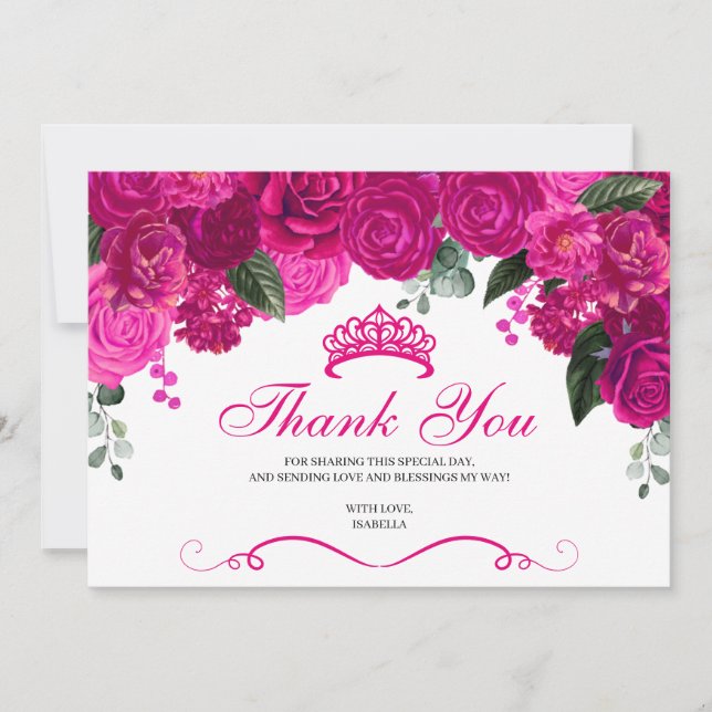 Cartão De Agradecimento Quinceanera Floral Elegante Fuchsia Rosa (Frente)