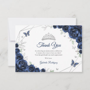 Cartão De Agradecimento Quinceanera Floral Prata Marinho