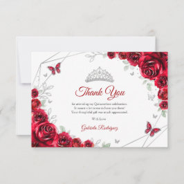 Cartão De Agradecimento Quinceanera Floral Prata Vermelha