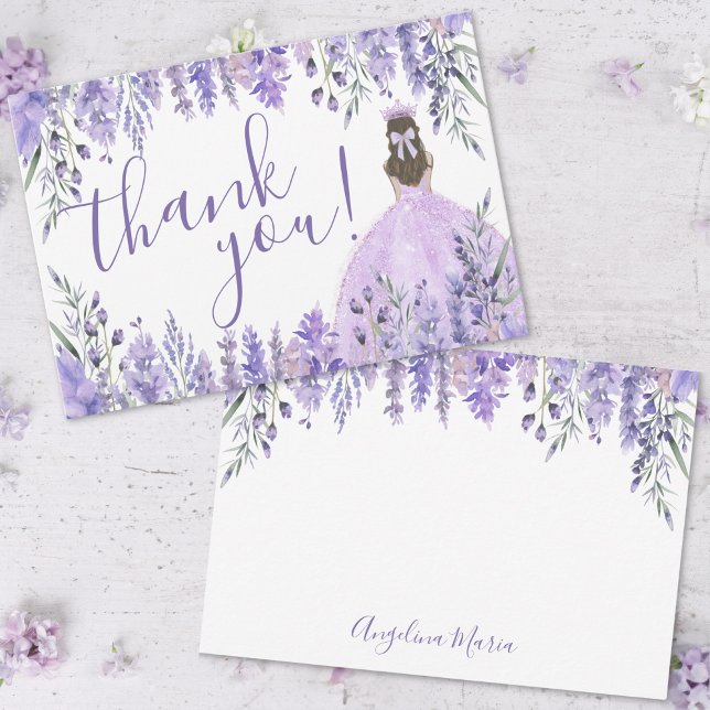 Cartão De Agradecimento Quinceañera Floral Roxo Elegante Lavanda (Elegant Lavender Floral Purple Quinceañera Thank You Card)