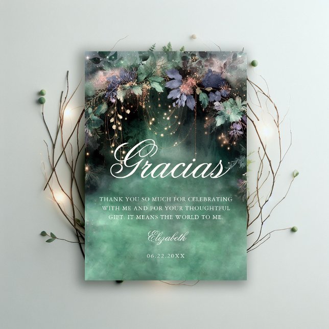 Cartão De Agradecimento Quinceanera Floresta Permutável (enchanted forest quinceanera thank you card watercolor princess dress periwinkle emerald green)