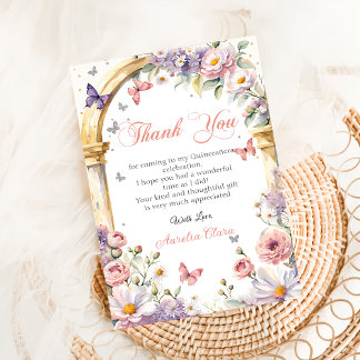 Cartão De Agradecimento Quinceañera Flowers Butterflies Lilac Princess